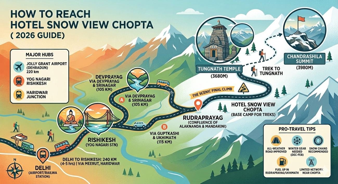 How to reach Hotel Snow View Chopta from Delhi, Rishikesh and Rudraprayag (route guide)